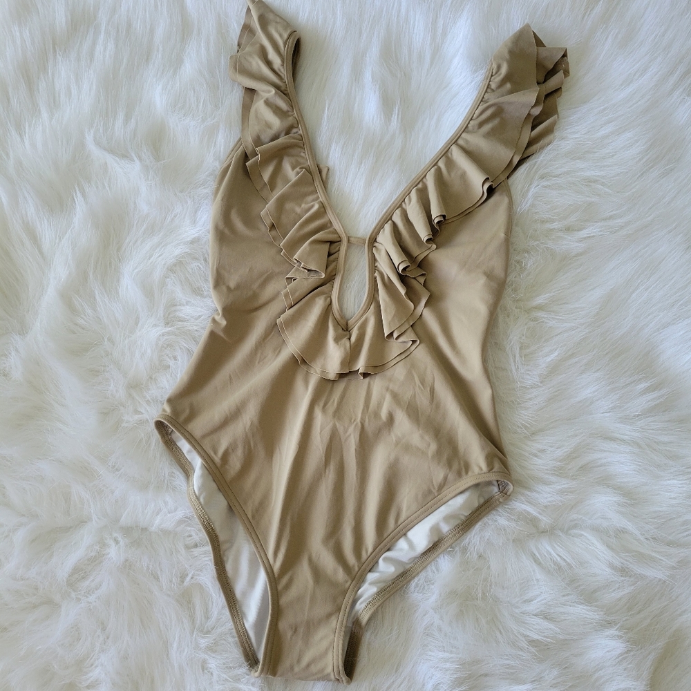 MICHAEL Michael Kors Khaki Ruffle Deep V One Piece Swimsuit 8 NWT - Picture 11 of 11
